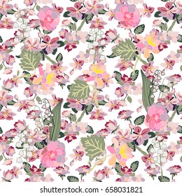 Bohemian style chic. Seamless floral pattern with cherry flowers and peonies. Oriental textile collection. Pink on white background.