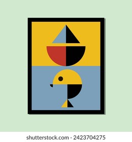 Bohemian style cute shrimp and ship modern aesthetic poster brutalism abstract geometric shape framed contemporary scandinavian mid century digital A3 A4 print book home wall decoration fabric card