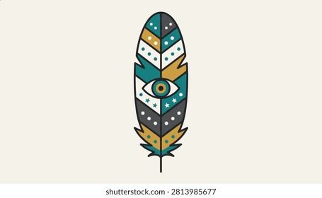 Bohemian style decorated bird feather featuring a central evil eye symbol and geometric patterns.