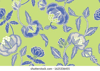 Bohemian Style Decorative pattern with stylized flowers. This vibrant green and blue whimsical background is great for websites, but could also be used for a multitude of artistic purposes. 