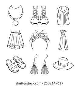 Bohemian Style Fashion Vector Line Art Bundle for Free-Spirited Looks