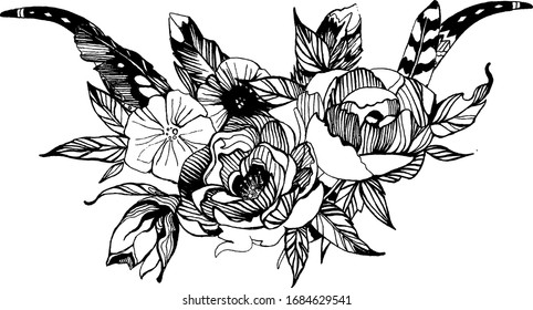 Bohemian style flowers. Roses and peony for wedding invitation design. Vector illustration.