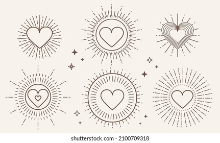 Bohemian style geometric hearts and stars set. Minimalist celestial background for Mother's day, Valentine's day, wedding, Birthday, wallpaper etc. Flat style vector illustration