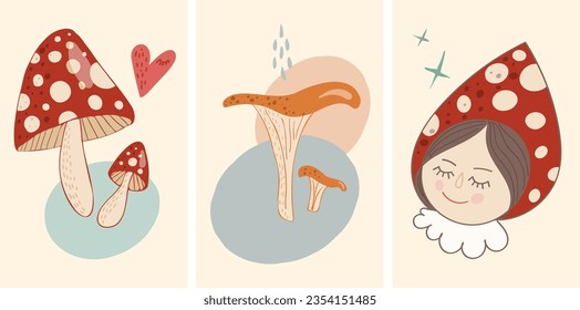 Bohemian Style Kids Room Decoration. Cute Hand Drawn Fly Agaric, Chanterelle Mushrooms, and Fairy Tail Girl. Vector Illustration Set Ideal for Cards, Invitations, Posters.