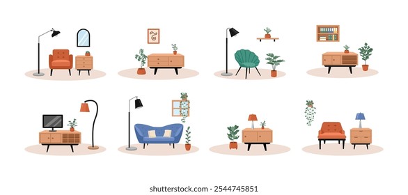 Bohemian style living room. Set of living room. Living room objects. Television desk. Potted plant. Table room. Dressing table. Cozy sofa.