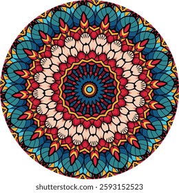 Bohemian Style Mandala Artwork with Eye-Catching Red and Blue Accents