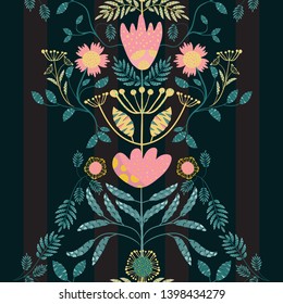 Bohemian style pink, gold flowers and teal leaves. Paper cut out effect on leaves. Seamless vector pattern on subtly striped black background. Great for fabric, stationery, wallpaper, home decor