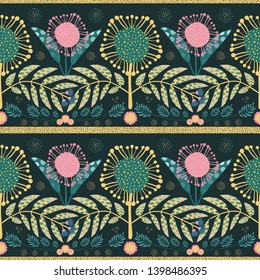 Bohemian style pink, gold flowers and teal leaves. Paper cut out effect on leaves. Seamless geometric vector pattern with gold stripe border. Great for fabric, stationery, wallpaper, home decor
