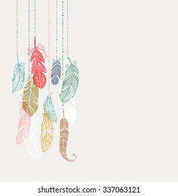 Bohemian style poster with gypsy colorful feathers