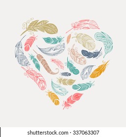 Bohemian style poster with gypsy colorful feathers, arranged in heart