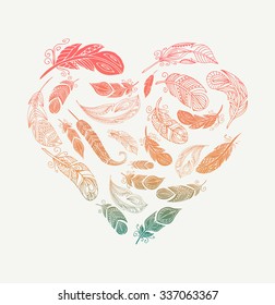 Bohemian style poster with gypsy colorful feathers, arranged in heart