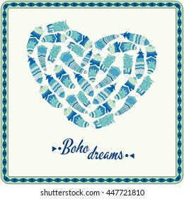Bohemian style poster with gypsy colorful feathers, arranged in heart