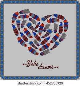 Bohemian style poster with gypsy colorful feathers, arranged in heart
