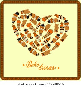 Bohemian style poster with gypsy colorful feathers, arranged in heart