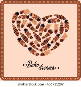 Bohemian style poster with gypsy colorful feathers, arranged in heart