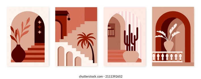 Bohemian style print. Contemporary art, wall aesthetic posters with arch and moroccan stairs. Ancient vases, bohemian architecture swanky vector banner