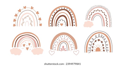 conjunto bonito arcoíris de estilo bohemio. Bebé lindos arcos rosados al estilo dibujado a mano. Ilustración del vector boho para niños