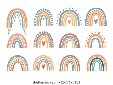 Bohemian style rainbow illustrations featuring hearts and raindrop accents