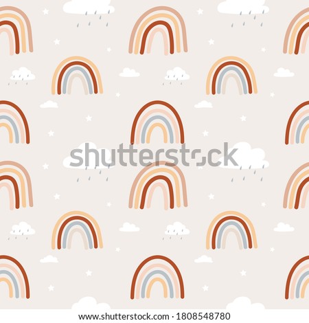 Bohemian style rainbow pattern. Colorful rainbow seamless background for wallpapers, textile, cards etc. Brown, red, beige and neutral colored rainbows with stars and clouds, Vector illustration