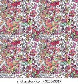Bohemian style seamless tile.Can be used for bandana or scarf fabric print design,textile fashion design or coloring book page decoration.Vector illustration in zentangle style.Multicolor.