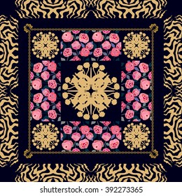 Bohemian style shawl with geometric elements. Gypsy motifs, vintage roses, art deco zebra print frame, black background. Ethnic textile collection. Also may be used as card background.