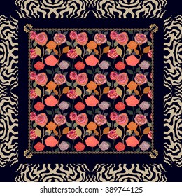 Bohemian style shawl. Gypsy motifs, vintage roses, art deco zebra print frame, black background. Ethnic textile collection. Also may be used as card background.