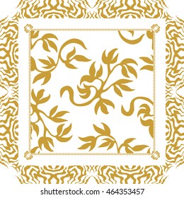 Bohemian style shawl. Gypsy motifs, golden branches with leaves, art deco zebra print frame, white background. Ethnic textile collection. 