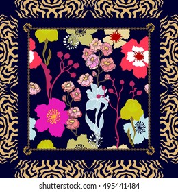 Bohemian style shawl. Gypsy motifs, vintage flowers, Art Deco zebra print frame, black background. Ethnic textile collection.