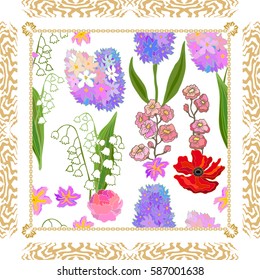 Bohemian style shawl. Gypsy motifs, vintage lilies of valley and hyacinths, zebra print frame. Ethnic textile collection. On white.