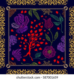 Bohemian style shawl. Gypsy motifs, vintage roses, wildflowers, zebra print frame. Ethnic textile collection. On dark.