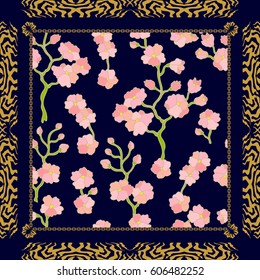 Bohemian style shawl. Gypsy motifs, sakura flowers, art deco zebra print frame. Vintage textile collection. On black.