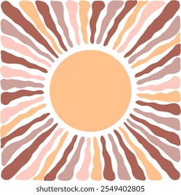 Bohemian style sun with wavy rays  in  tones of peach, beige, and brown. 