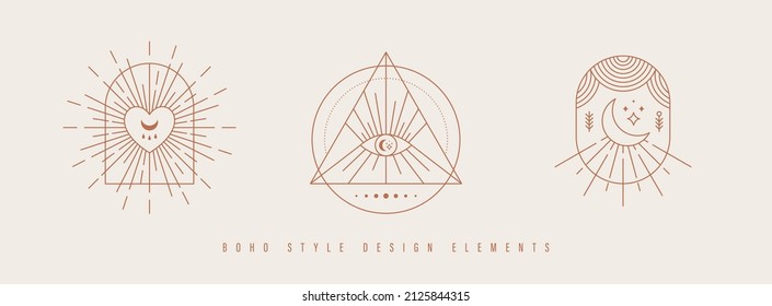 Bohemian style symbols, moon, sun rays. Astrology, mystery and esoteric symbols in Boho style. Linear icons in Boho style, frame, arch, moon and esoteric symbols. Vector