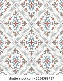 Bohemian style tile pattern, with abstract flowers and geometric shapes, on a white background.