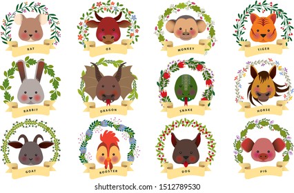 Bohemian style of twelve Chinese zodiac animals with ribbons, circular floral decoration and animal names