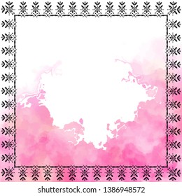 Bohemian Style vector ornamental frame. Pink cloudy background.