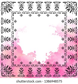 Bohemian Style vector ornamental frame. Pink cloudy background.