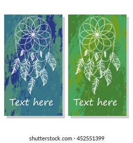 Bohemian style vertical banner set with sketch dreamcatcher and feathers isolated vector illustration.