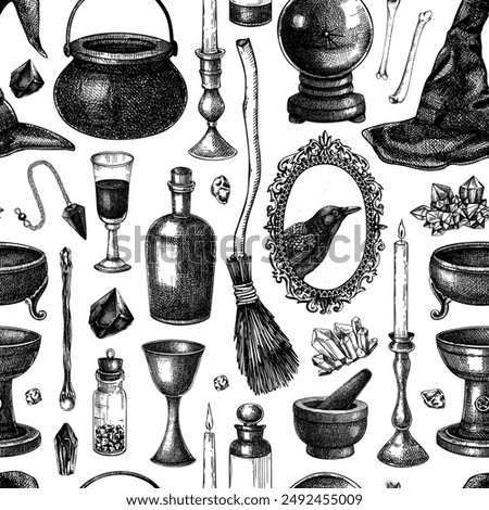 Bohemian style witchcraft background. Vintage Halloween sketches. Hand-drawn vector illustration. Witchcraft seamless pattern. NOT AI generated
