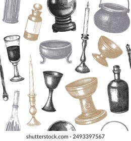 Bohemian style witchcraft seamless pattern. Witchcraft kitchenware utensil sketches. Vintage Halloween background. Hand-drawn vector illustration. NOT AI generated