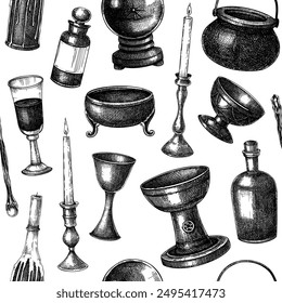 Bohemian style witchcraft seamless pattern. Witchcraft kitchenware utensil sketches. Vinatge Halloween background. Hand-drawn vector illustration. NOT AI generated