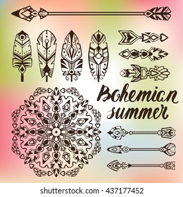Bohemian summer. Boho style set with mandala and tribal symbols: arrows, feathers, graphic elements. Good for mehndi style tattoos. Vector illustration.