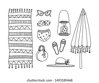 Bohemian summer elements hand drawn illustration set holidays