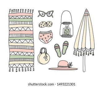 Bohemian summer elements hand drawn illustration set holidays