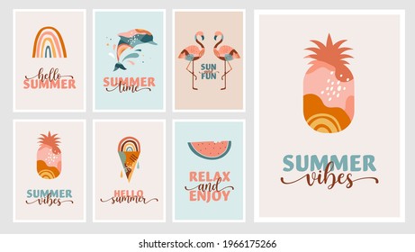 Bohemian Summer, modern summer illustrations and cards design with rainbow, flamingo, pineapple, ice cream and watermelon 