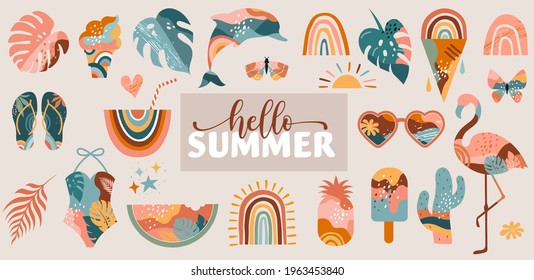 Bohemian Summer, modern summer illustrations and design of rainbow, flamingo, pineapple, ice cream and watermelon 