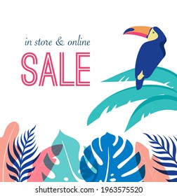 Bohemian Summer, Modern summer sale post design with toucan, flamingo, jungle leaves 