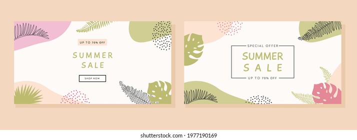 Bohemian Summer sale horizontal banner template. Set of trendy abstract background with tropical palm leaf and geometric elements. Modern colorful summer design for web internet ad. Flat vector.