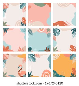 Bohemian Summer Sale, set of modern summer sale social media post template, Boho summer backgrounds design with tropical leaves, flamingo, abstract rainbows and organic shapes