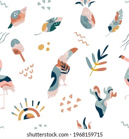 Bohemian summer seamless pattern with holiday icons, abstract shapes. Vector illustration for different designs.